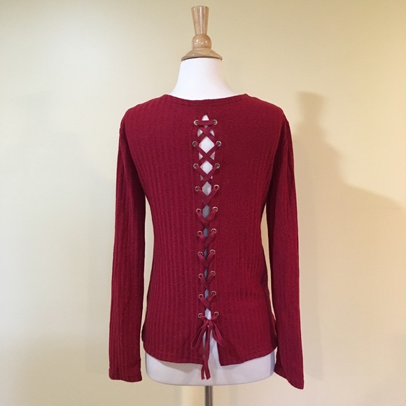 Ribbed Knit Lace Up Back Sweater Top Burgundy - Picture 3 of 5